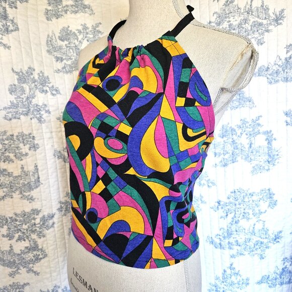Size Medium Retro Halter Top Vintage Fabric Jewel Tone NEW - Picture 1 of 6